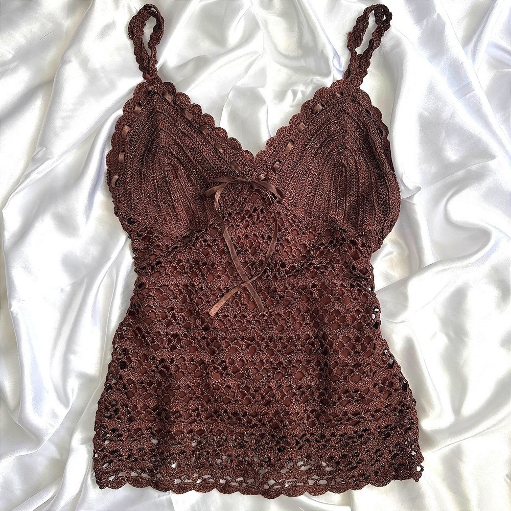 Crossroads Brown Crochet Camisole Top Ribbon Bow Boho Cottagecore Small